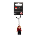 LEGO Scarlet Witch Key Chain featuring a figure with brown hair in a red and black outfit, attached to a metal key ring.