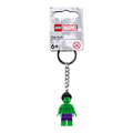 LEGO figure of The Hulk in green with purple shorts attached to a metal keychain, suitable for ages 6 and up.