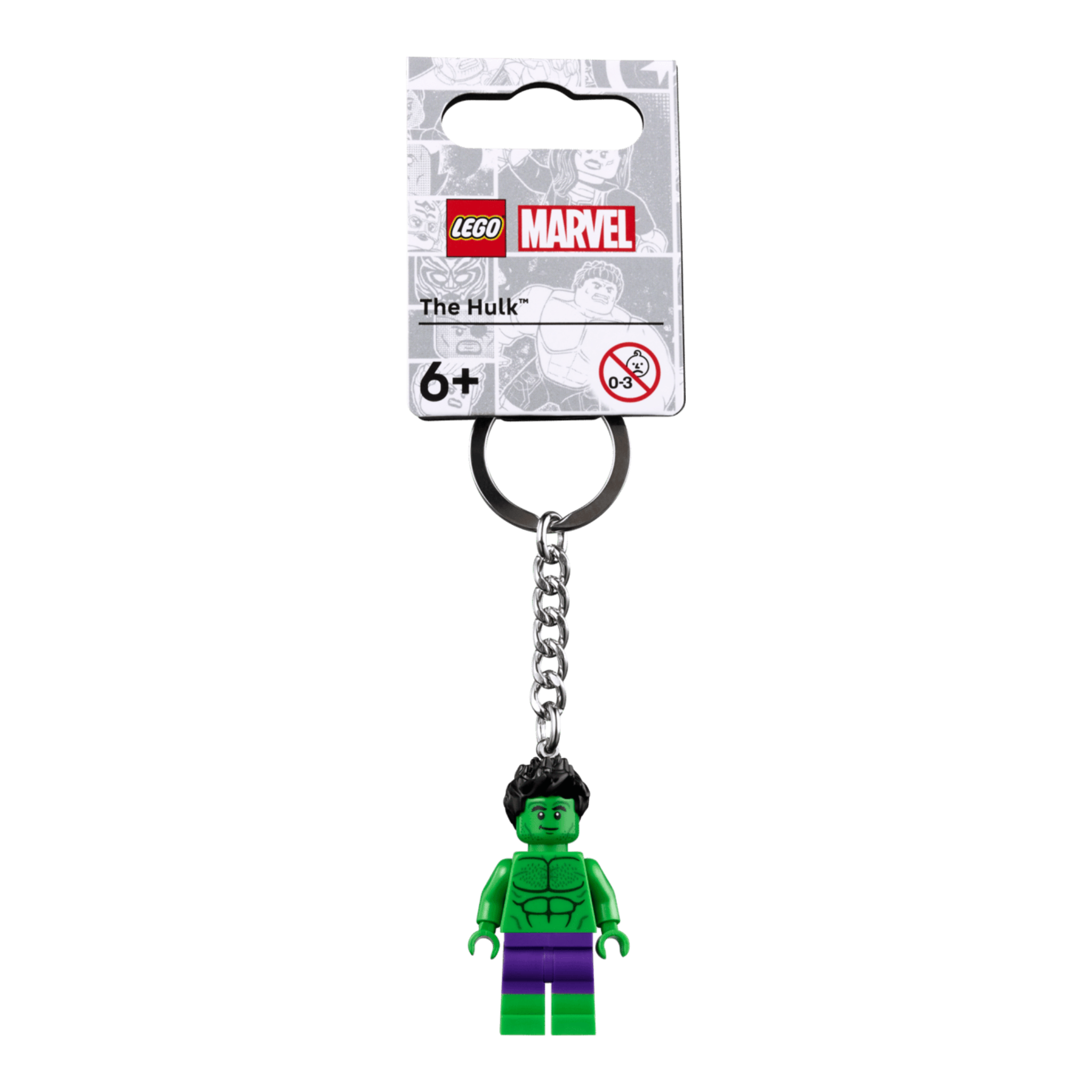 LEGO figure of The Hulk in green with purple shorts attached to a metal keychain, suitable for ages 6 and up.