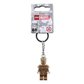 LEGO Groot keychain featuring a LEGO figure attached to a metal chain and keyring with Marvel-themed packaging.