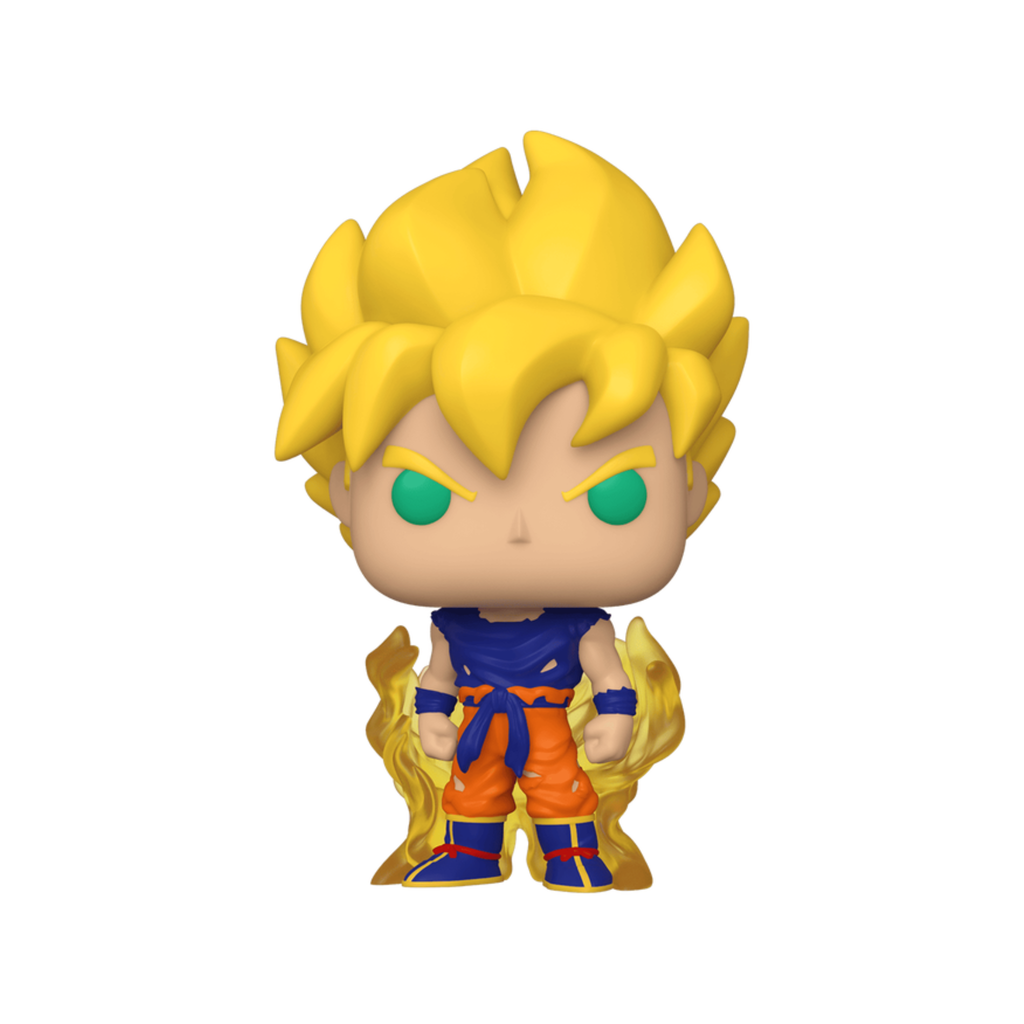 GOKU Super Saiyan Funko Pop figure with spiky yellow hair and flame-like effects in the background.
