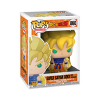 Goku Super Saiyan Funko Pop figure with spiky blonde hair in blue and orange outfit, displayed in window packaging.