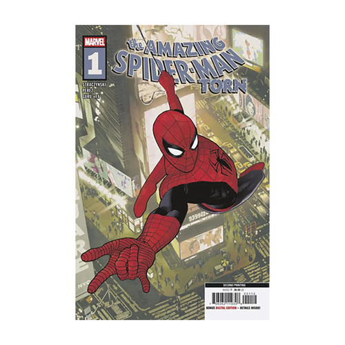 Comic book cover featuring a character in a red and black costume with a spider emblem, titled The Amazing Spider-Man: Torn #1.