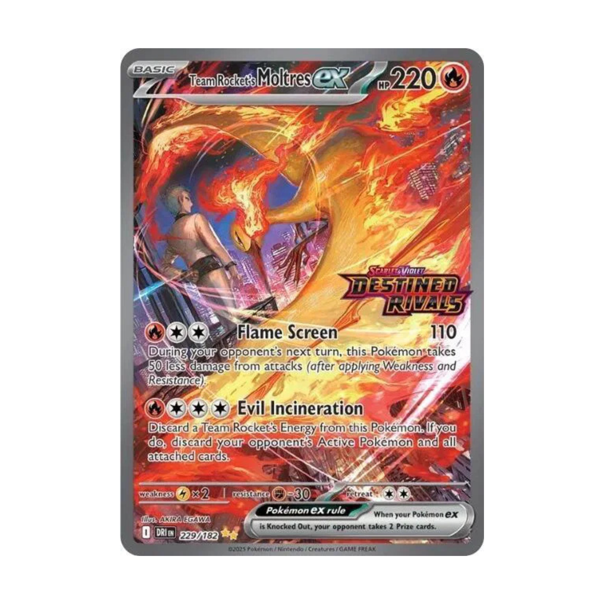 Vibrant Team Rockets Moltres ex Pokémon card featuring fiery illustrations and abilities Flame Screen and Evil Incineration.