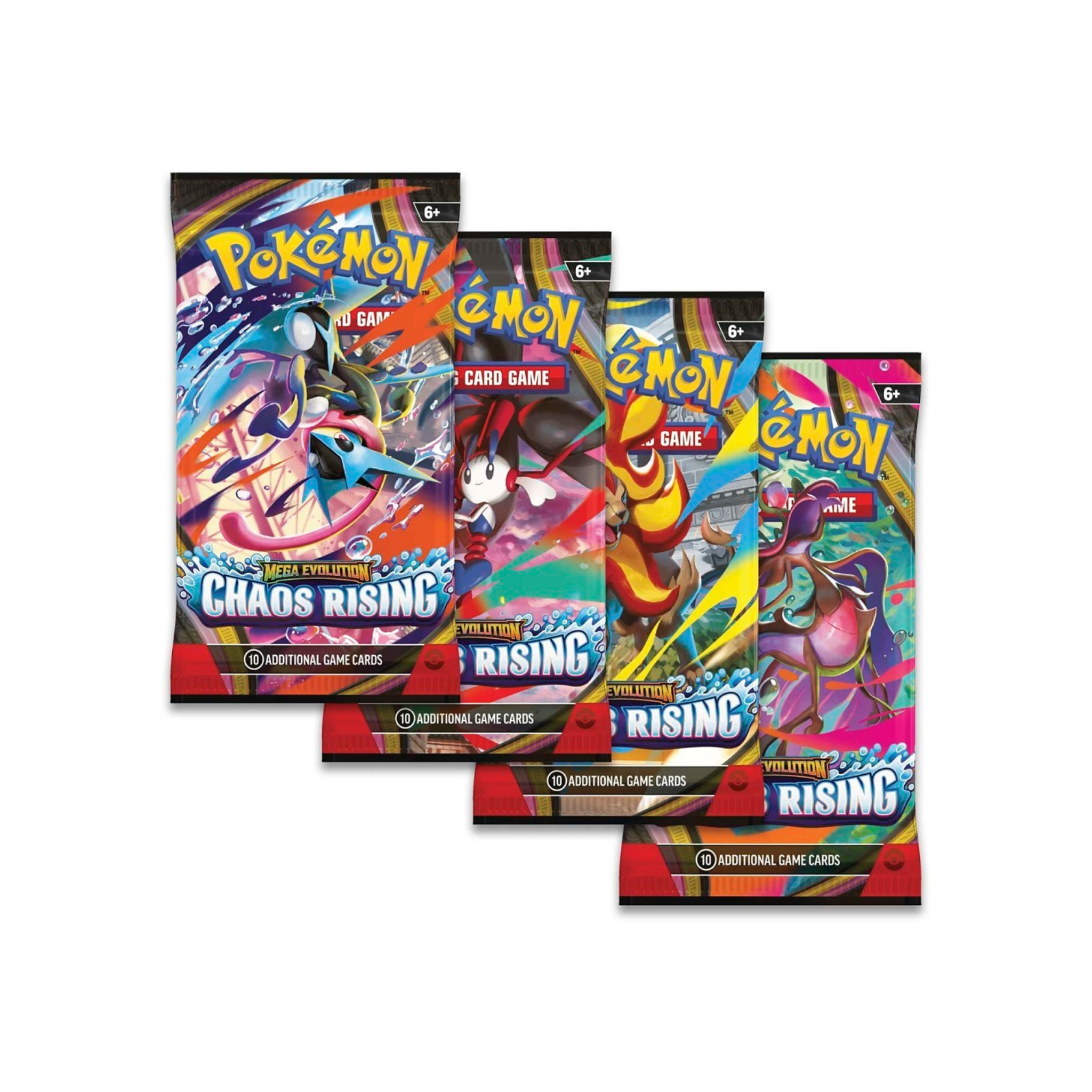 Four booster packs from the Pokémon TCG: Mega Evolution - Chaos Rising series featuring colorful artwork and game cards.
