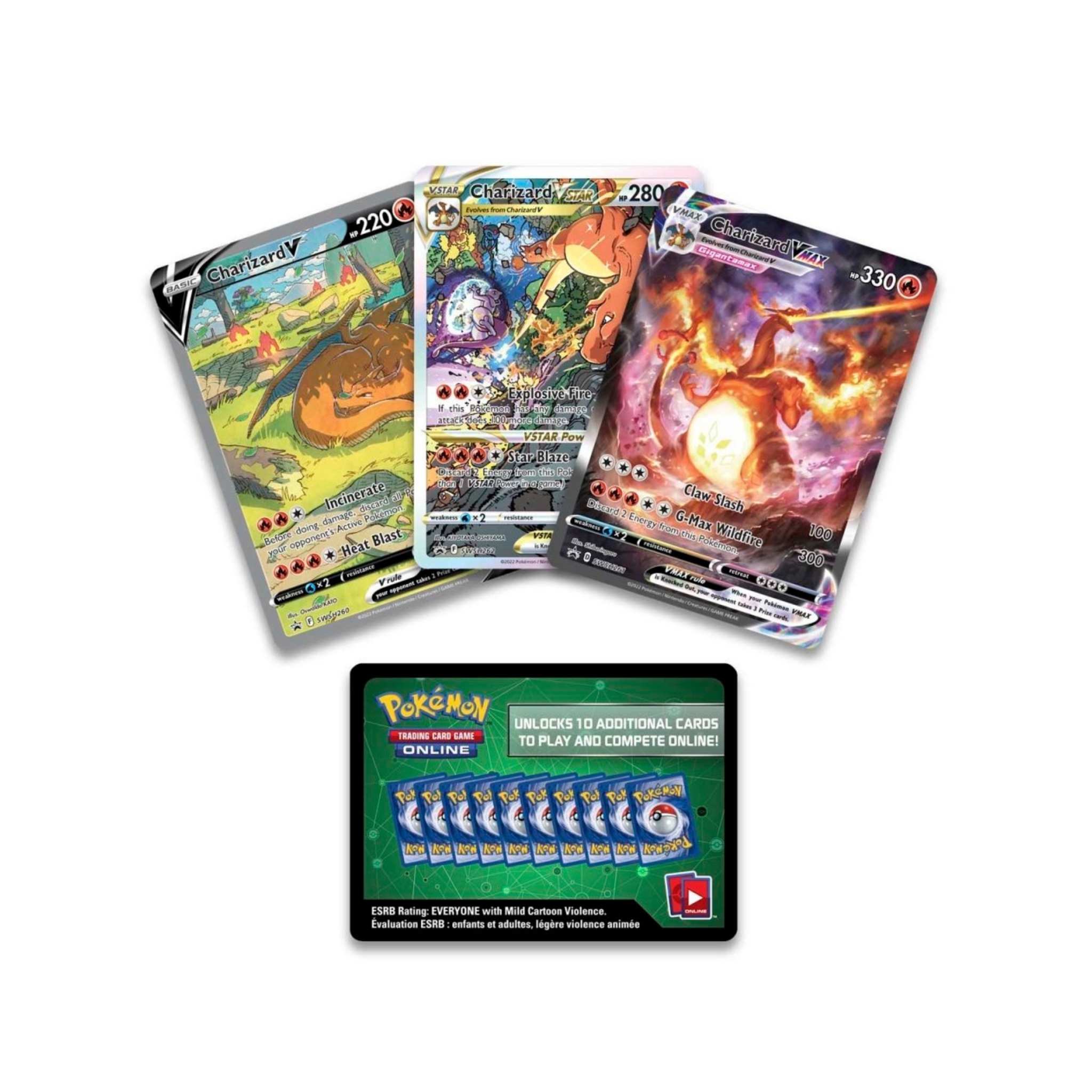 Three Charizard Pokémon trading cards with colorful artwork and stats, including one that unlocks additional online play cards.