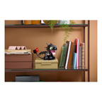 LEGO model of Toothless from How to Train Your Dragon displayed on a shelf with books and decorative items.