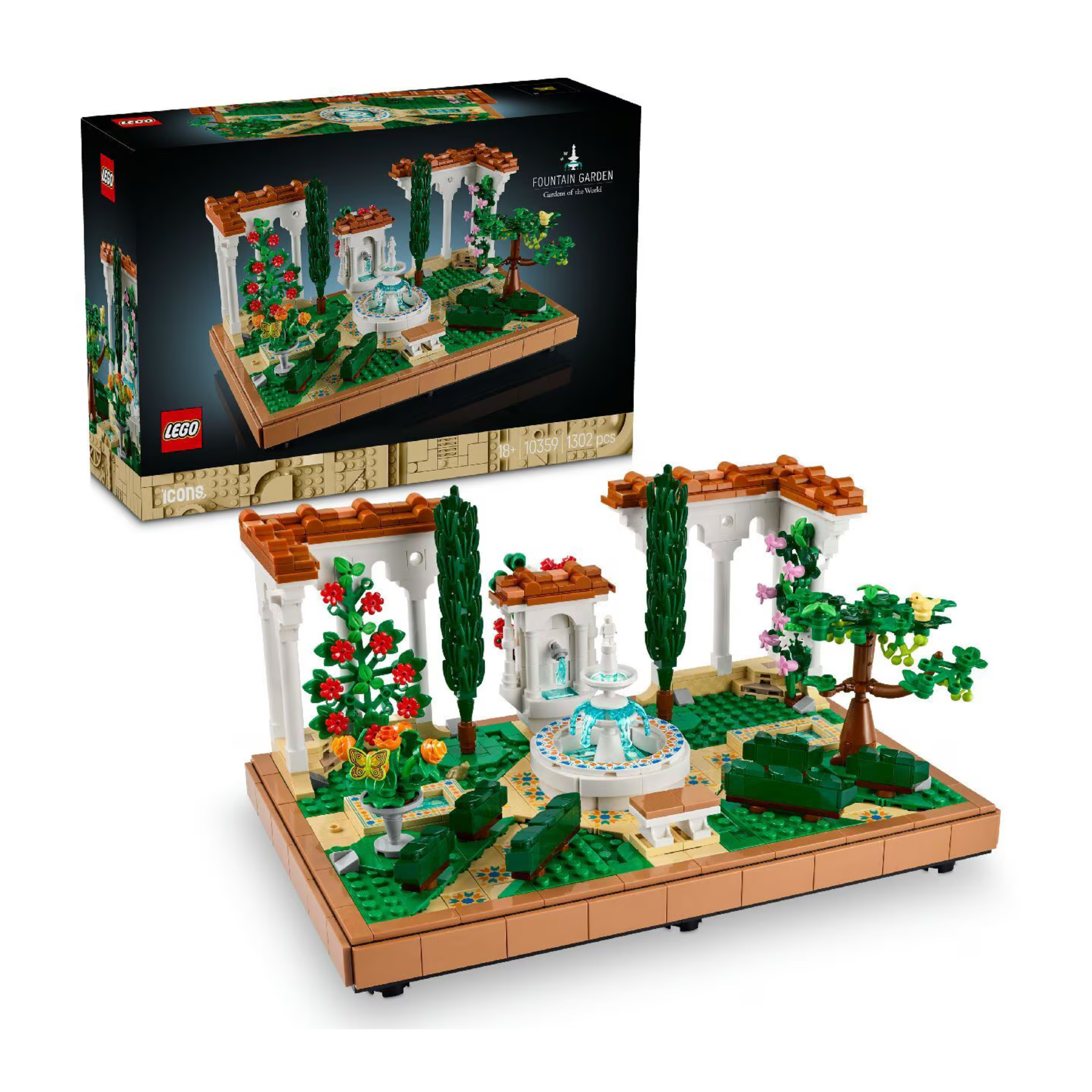 LEGO Fountain Garden set featuring a vibrant garden scene with a fountain, greenery, and colorful flowers.