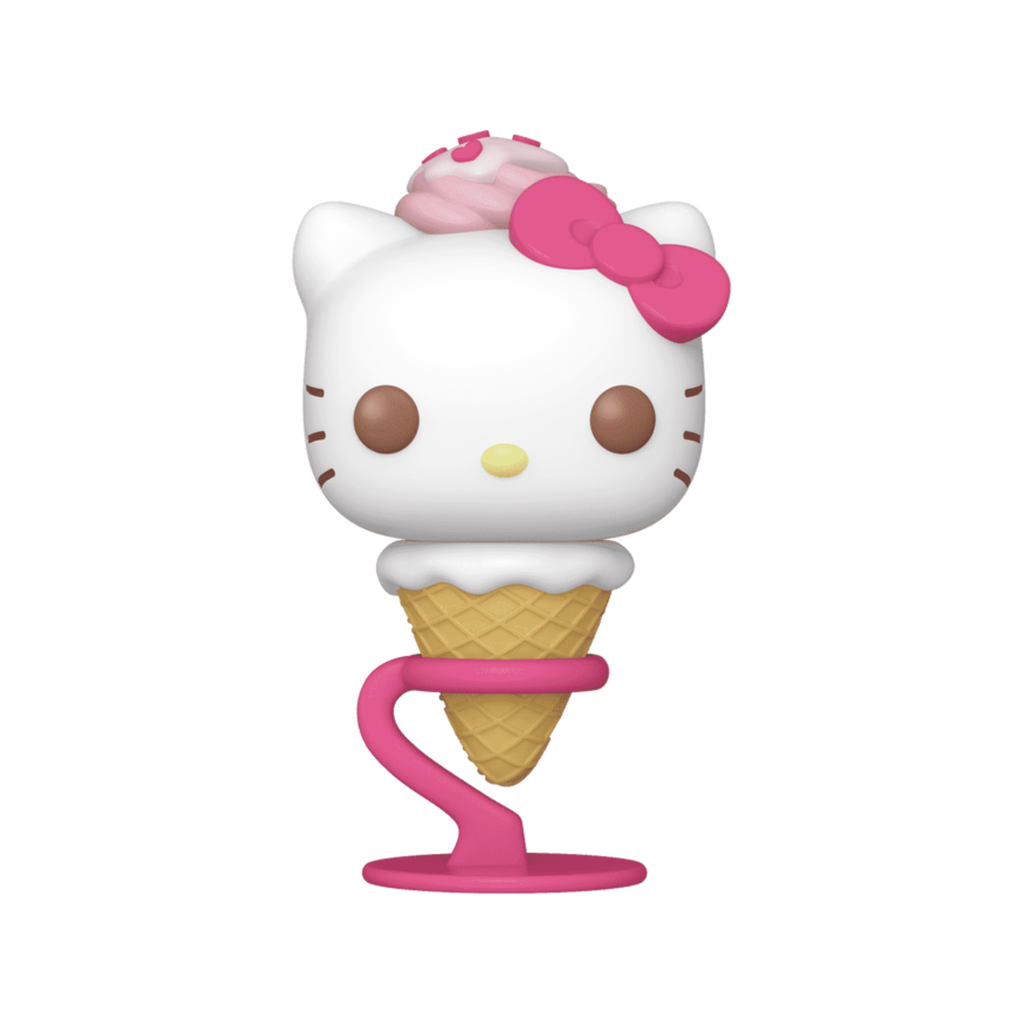 Hello Kitty styled as an ice cream cone with a pink bow and swirl, sitting in a cone with a pink holder.