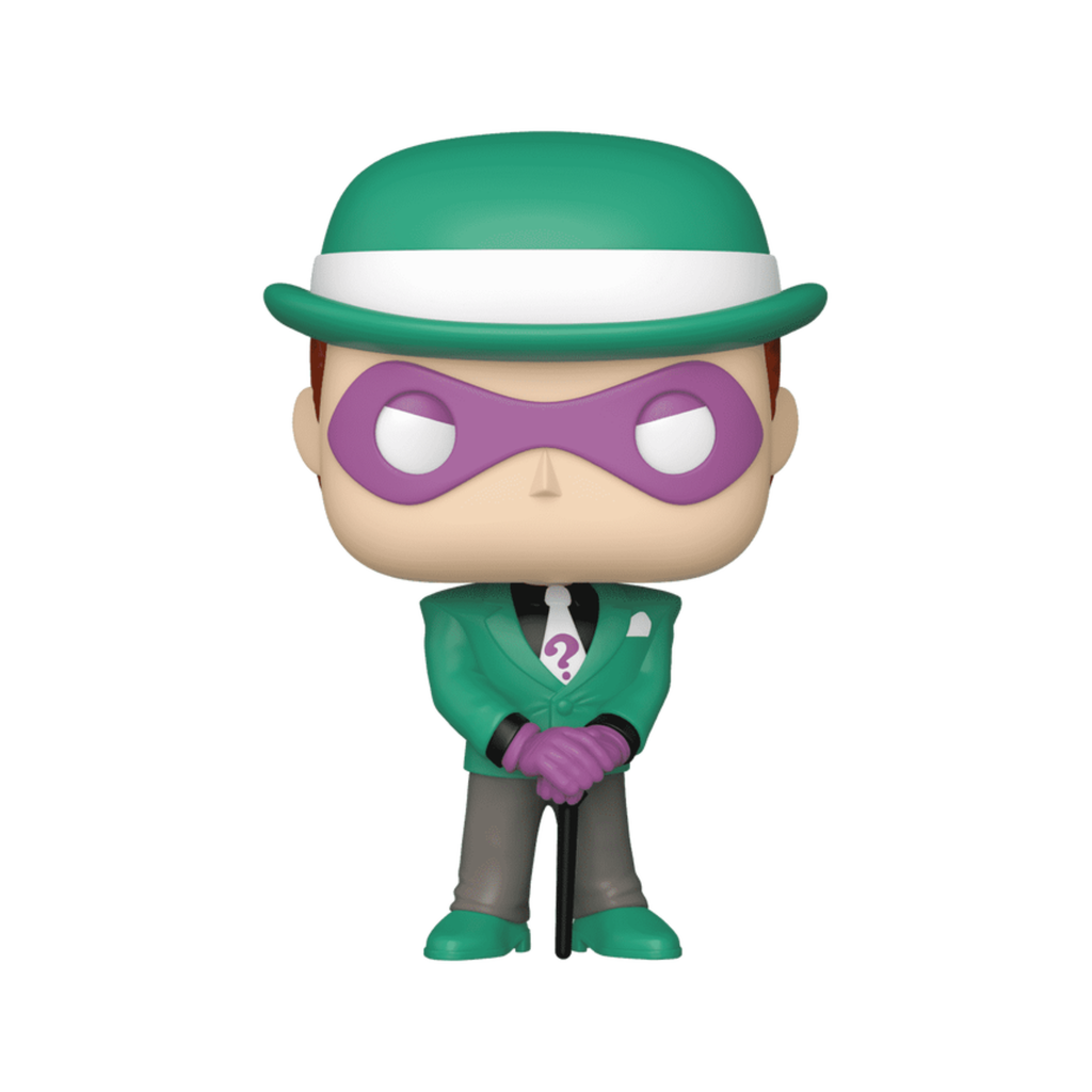 The Riddler Funko Pop figure features green attire, a purple mask, and a cane with a question mark tie.