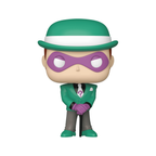 The Riddler Funko Pop figure features green attire, a purple mask, and a cane with a question mark tie.
