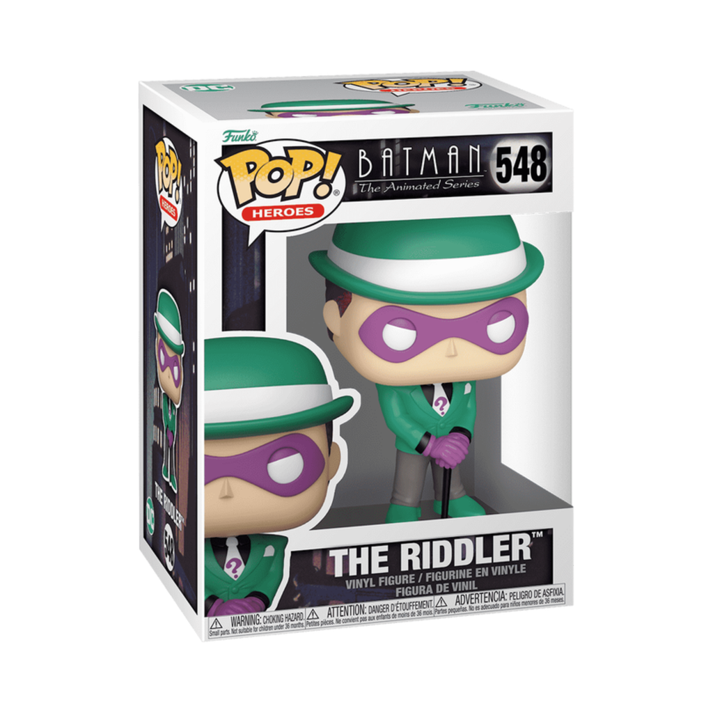 The Riddler Funko Pop figure from Batman: The Animated Series, featuring a green suit, purple mask, and cane.