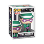 The Riddler Funko Pop figure from Batman: The Animated Series, featuring a green suit, purple mask, and cane.