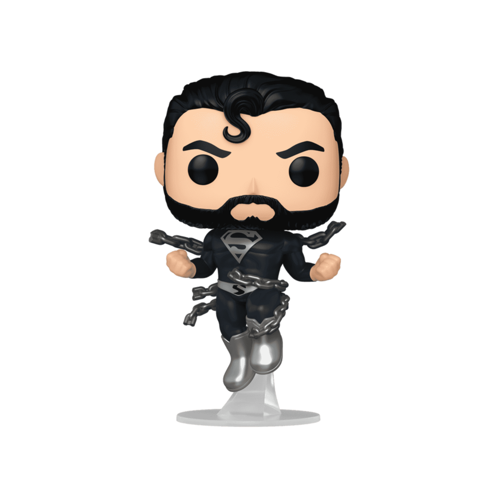 Stylized Funko Pop figure of Superman in a black suit with chains, featuring large round eyes and a clear base.