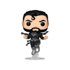 Stylized Funko Pop figure of Superman in a black suit with chains, featuring large round eyes and a clear base.