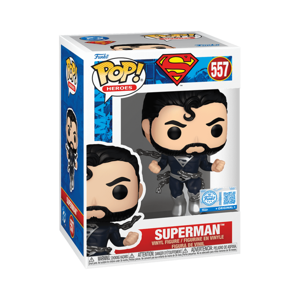 Superman Funko Pop figure in a black suit, featuring black hair and a chain accessory, displayed in a colorful box.