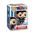 Superman Funko Pop figure in a black suit, featuring black hair and a chain accessory, displayed in a colorful box.