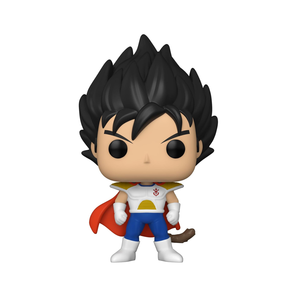 Funko Pop figure of Prince Vegeta with spiky black hair, wearing a white and blue outfit and red cape, standing upright.