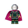 Mysterio minifigure featuring a green and purple color scheme, transparent dome headpiece, and detailed torso and legs.