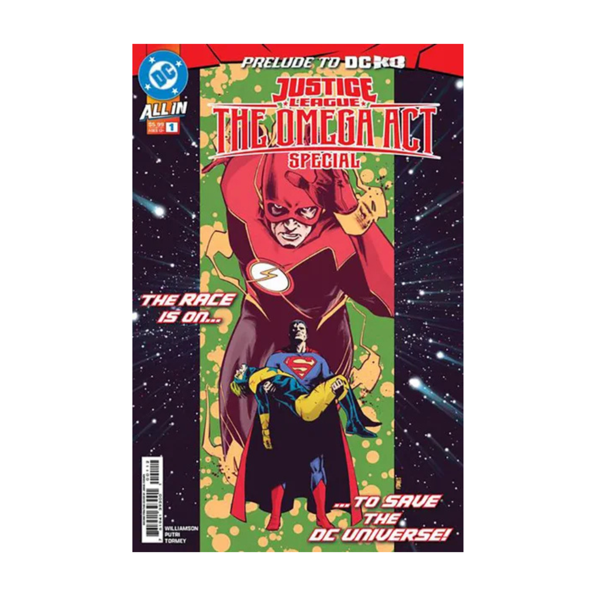 Comic book cover featuring Justice League: The Omega Act Special with characters in red and blue costumes against a starry background.