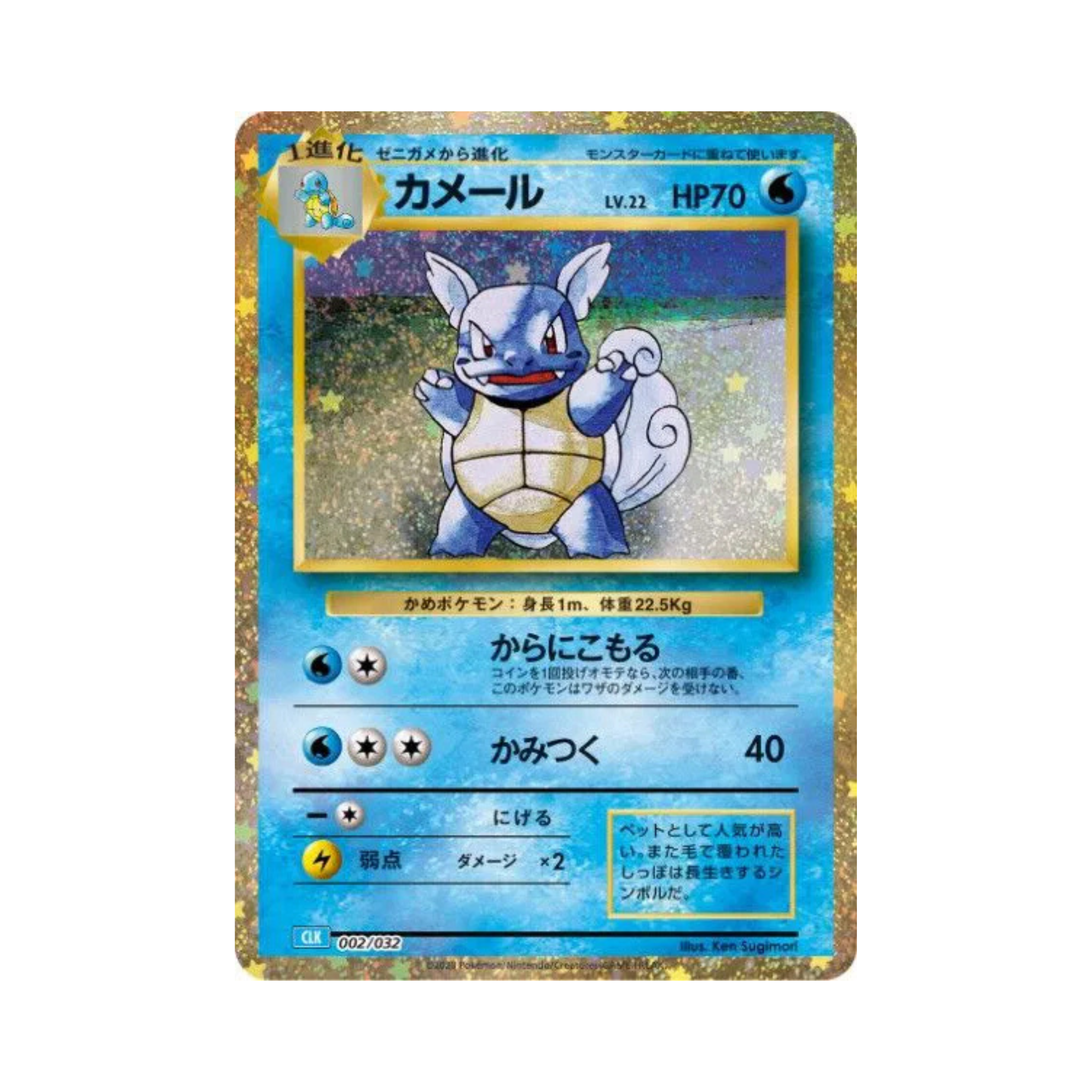 Wartortle Pokémon trading card featuring Japanese text, blue sparkly background, and illustrated character with HP 70.