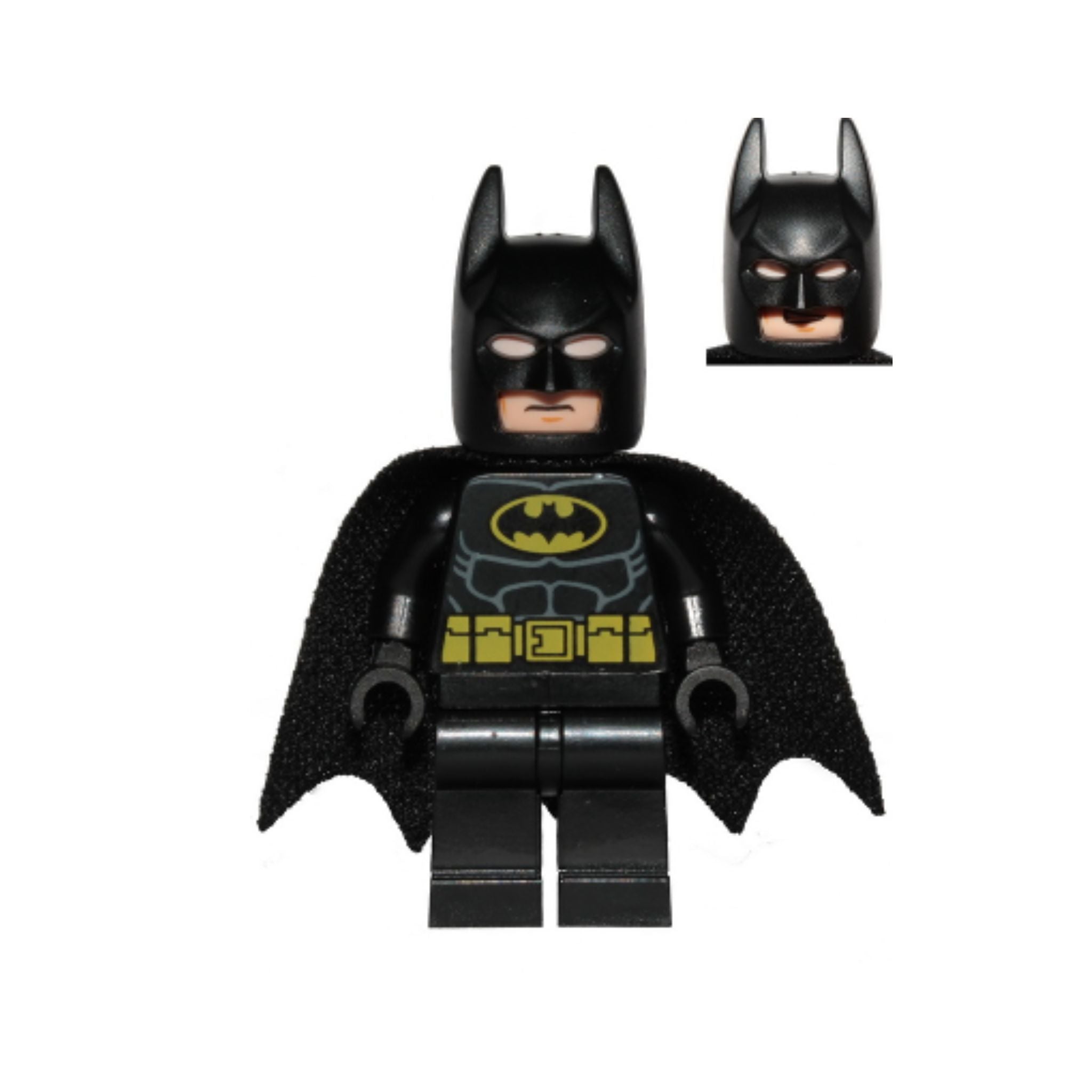 Minifigure of Batman in a black suit with a yellow belt, featuring a black cape and bat ears headpiece.