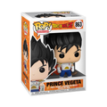 Funko Pop figure of Prince Vegeta from Dragon Ball Z, featuring spiky black hair and a white and blue outfit with a red emblem.