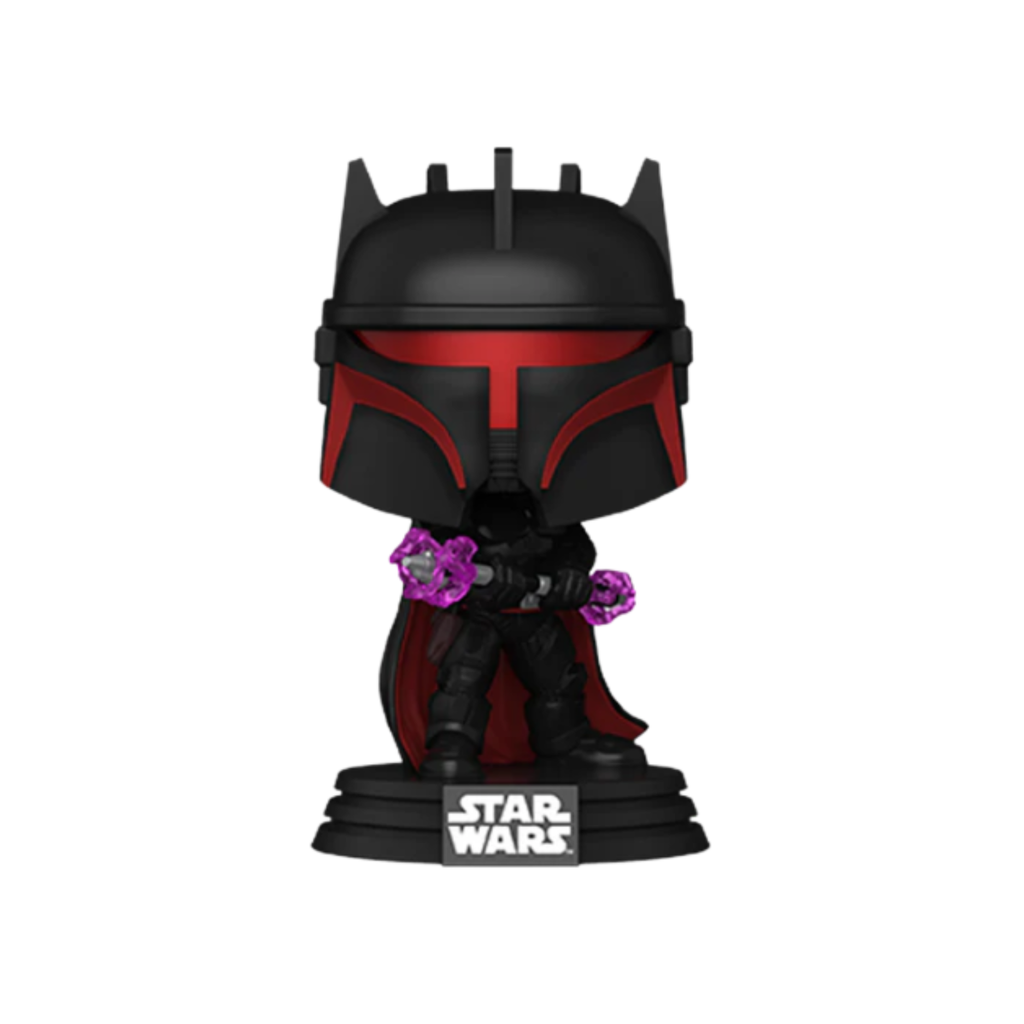 Funko Pop figure of Moff Gideon in a black outfit and red cape, holding purple accessories on a circular base with a logo.