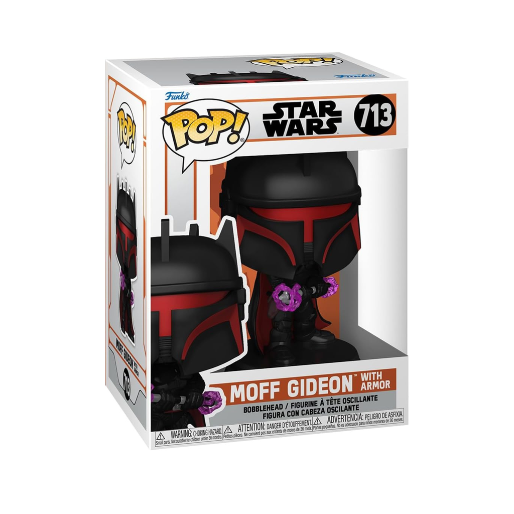 Moff Gideon Funko Pop figure in black and red armor, holding a purple accessory, displayed in a window box.