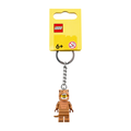 LEGO T. rex Suit Guy KeyChain featuring a brown dinosaur-headed figure on a metal keyring with a yellow backing card.