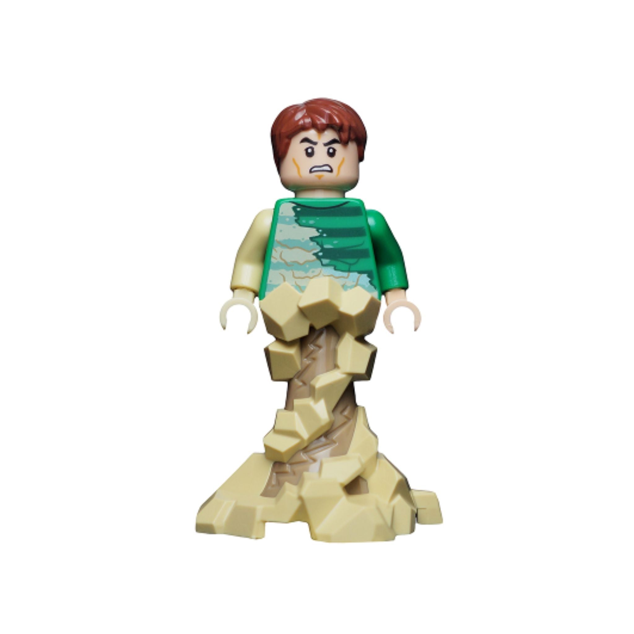 Minifigure with brown hair, green top, and beige lower half resembling sand, showing a surprised facial expression.