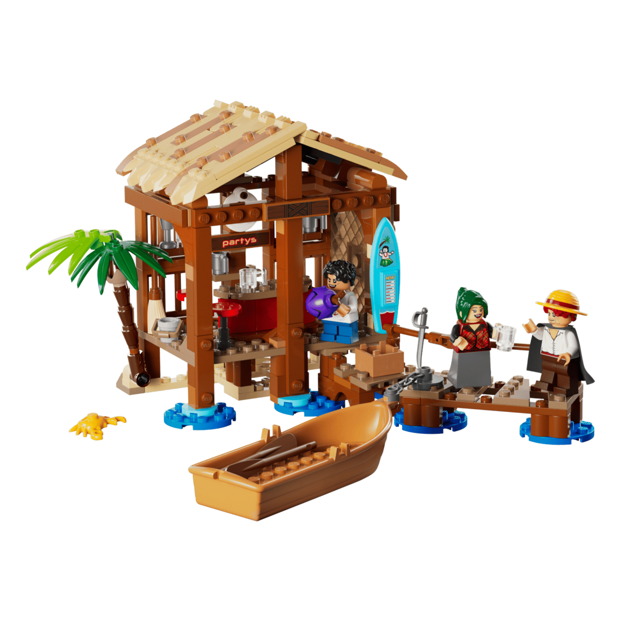 LEGO Windmill Village Hut set featuring a thatched roof, three minifigures, a small boat, and a palm tree on a blue base.