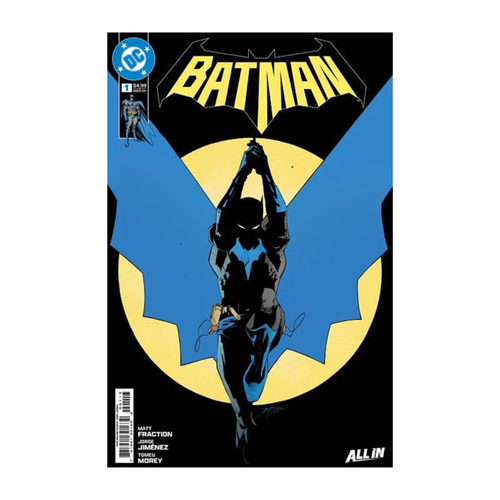 Batman #1 comic cover featuring a blue and yellow color scheme with a bat-like silhouette and creator names.
