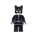 Catwoman minifig in a black costume with purple accents, featuring cat-like ears and articulated arms.