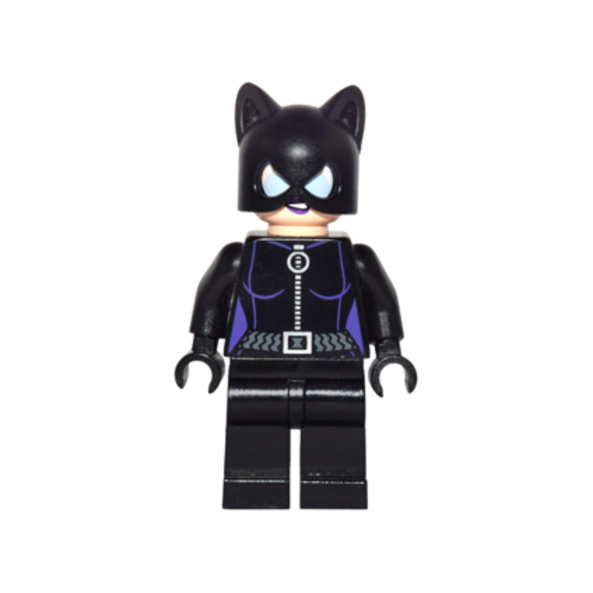 Catwoman minifig in a black costume with purple accents, featuring cat-like ears and articulated arms.