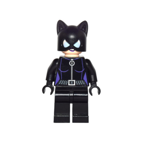Catwoman minifig in a black costume with purple accents, featuring cat-like ears and articulated arms.
