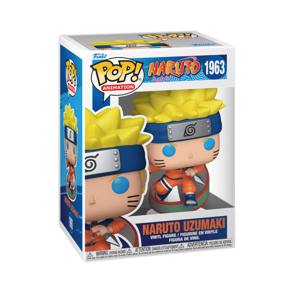 Vinyl figure of Naruto Uzumaki with a scroll, featuring spiky yellow hair and an orange outfit in a colorful box.