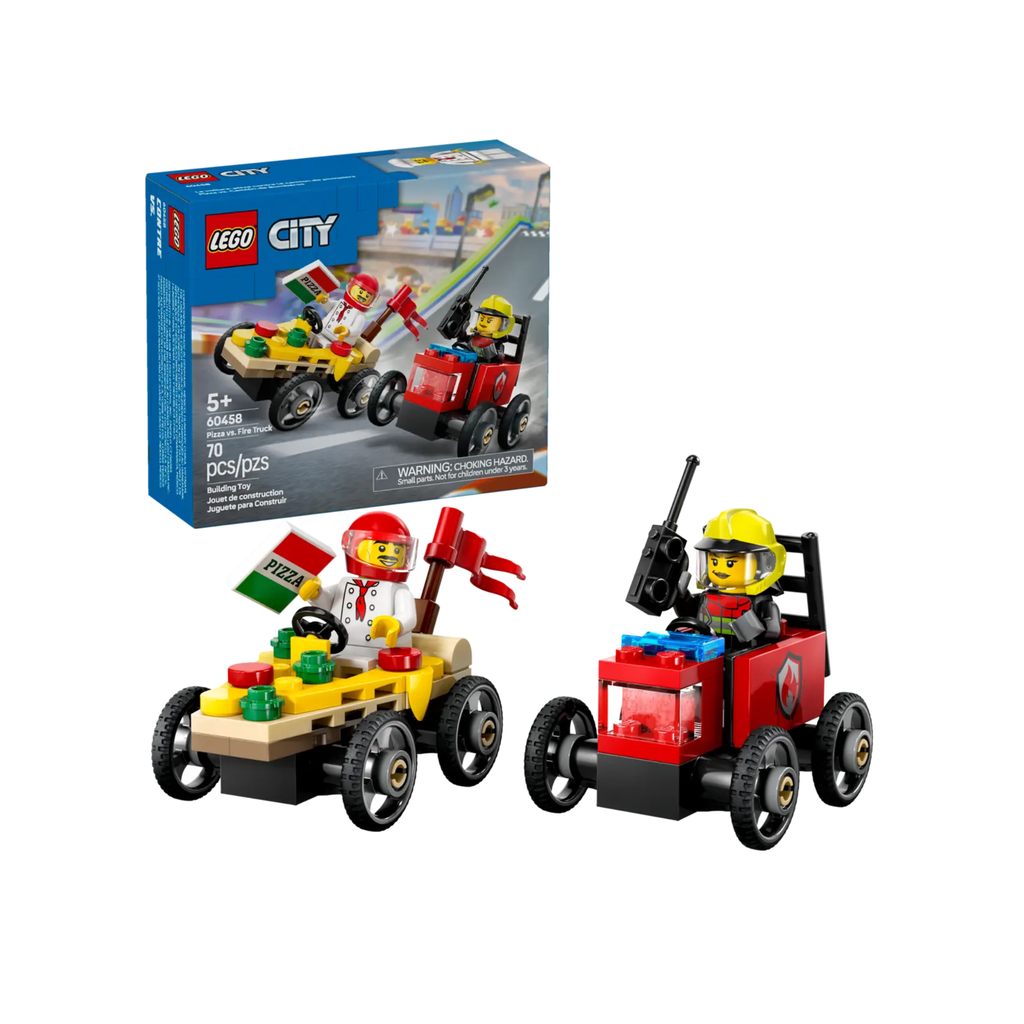 LEGO City Pizza vs Fire Truck Race Car Pack Toy featuring a pizza delivery car, fire truck, and two minifigures.
