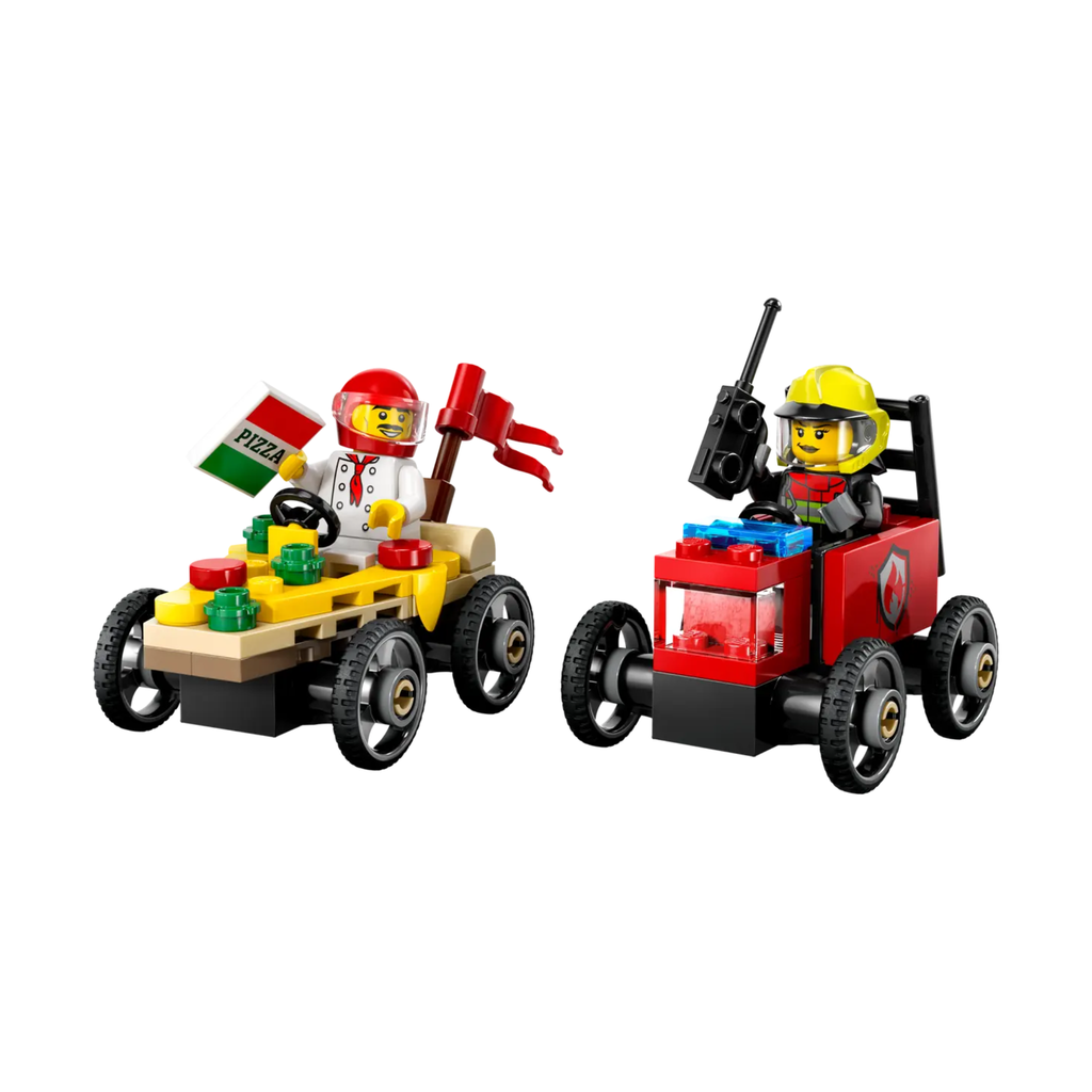 Two toy vehicles: a pizza delivery car with a pizza flag and a fire truck with a firefighter figure.