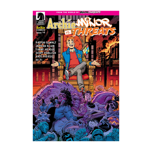 Comic book cover of Archie Vs Minor Threats #4 featuring a character in a blue jacket with a red 'R' amidst a chaotic scene.