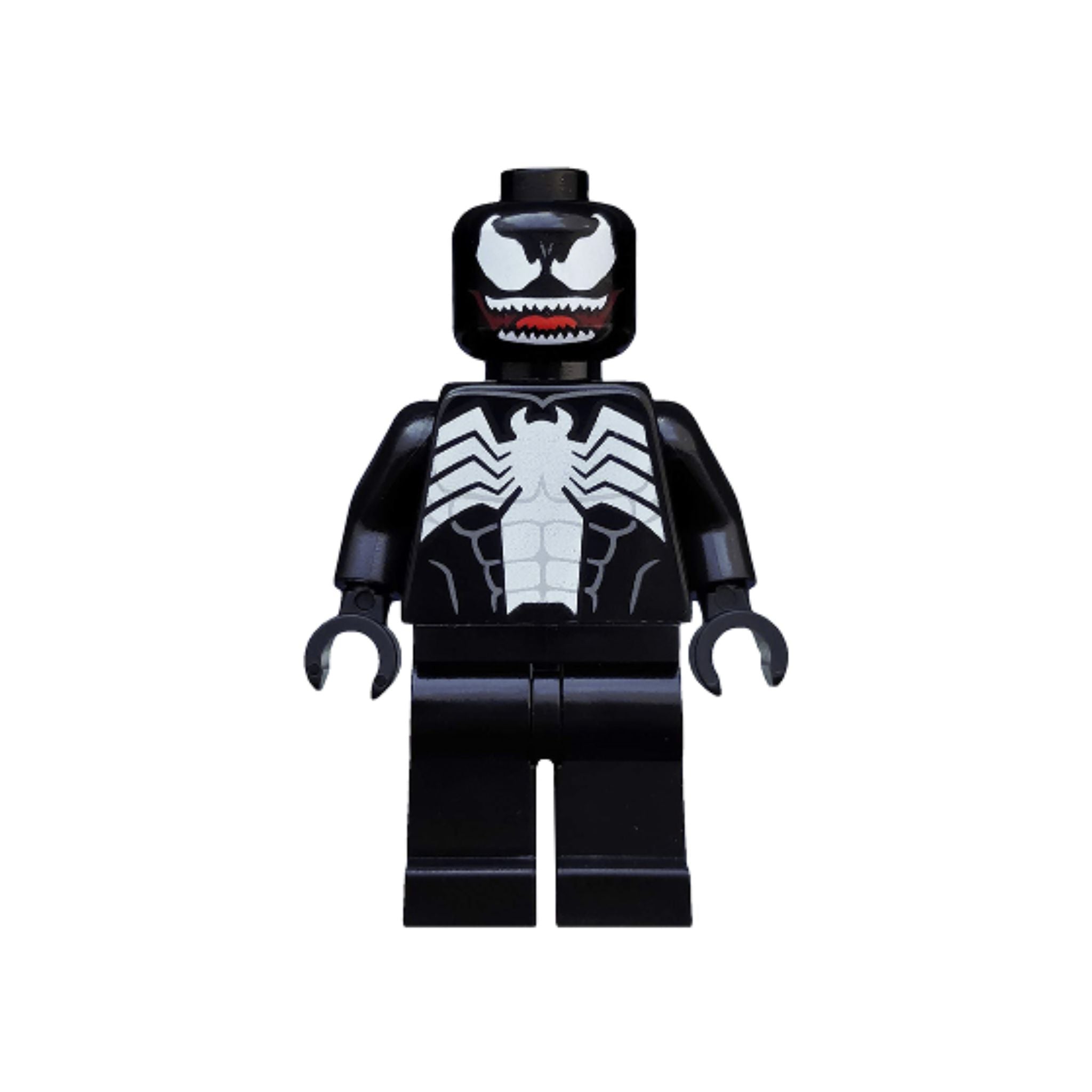 Minifigure with a black body, white spider design, sharp teeth, and large white eyes, featuring movable arms and legs.