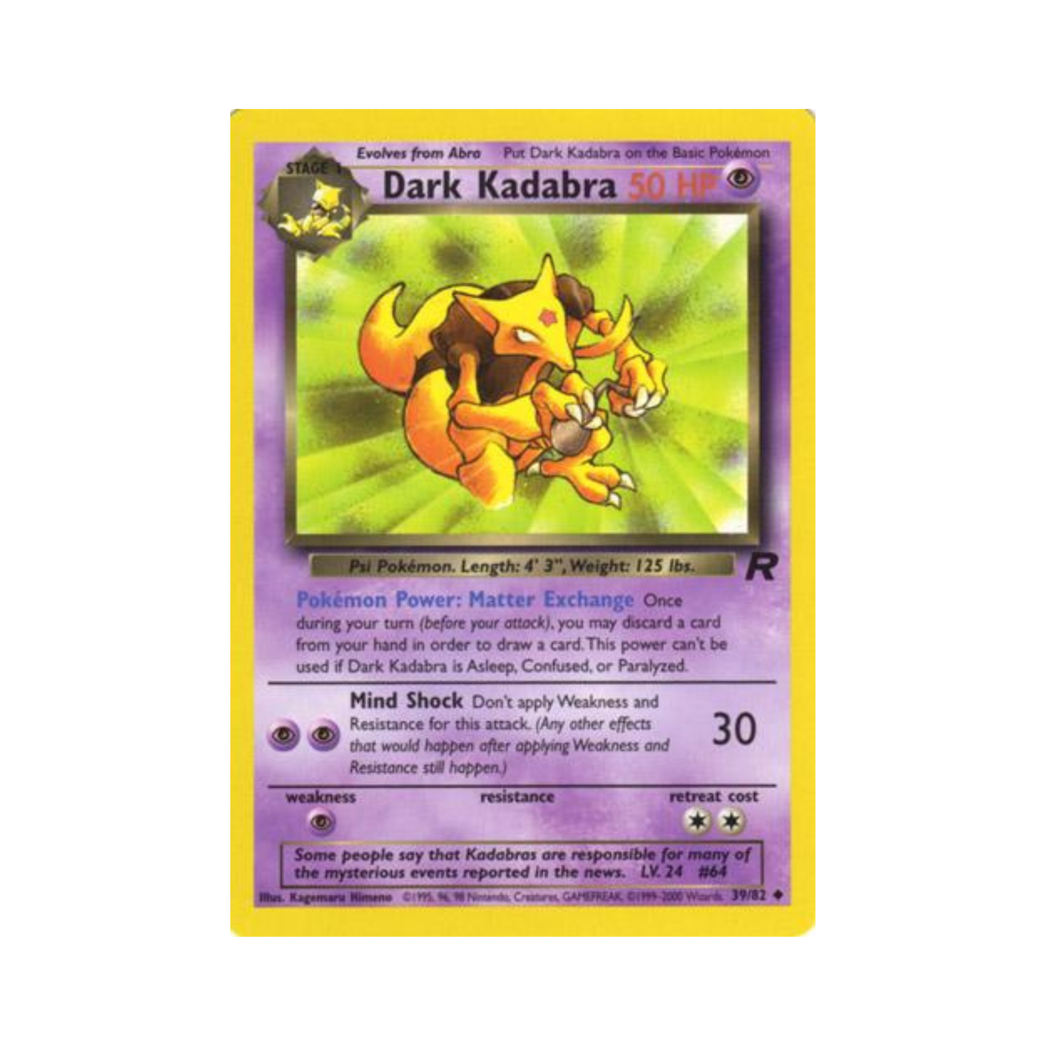 Holographic Dark Kadabra trading card featuring a yellow and purple illustration with HP 50 and Mind Shock ability.