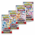 Four Pokémon TCG: Prismatic Evolution booster packs featuring colorful artwork and labeled with '10 additional game cards.'