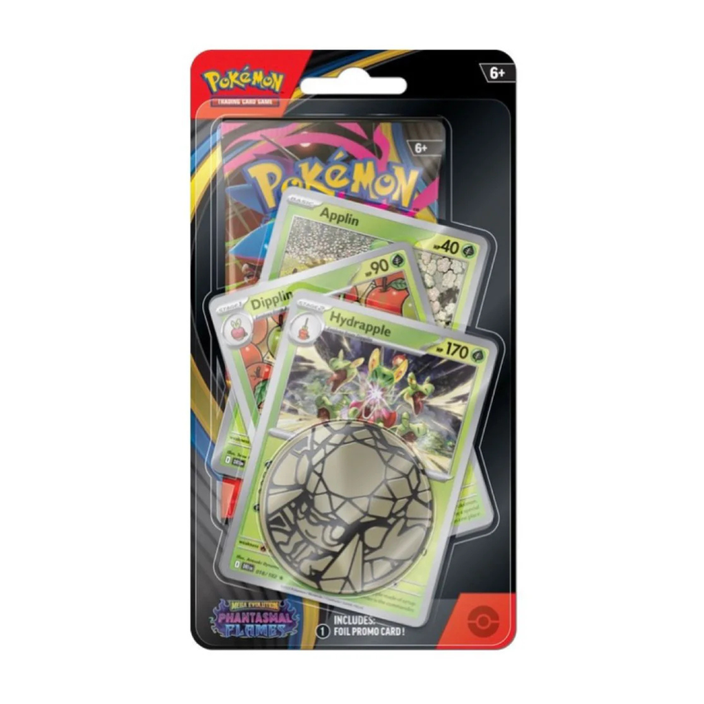 Blister pack containing Pokémon trading cards featuring Applin, Drednaw, Hydrapple, and a foil promo card.
