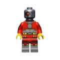 Deadshot minifig in red and gray costume with silver belt, gray head, red eye, and yellow hands.