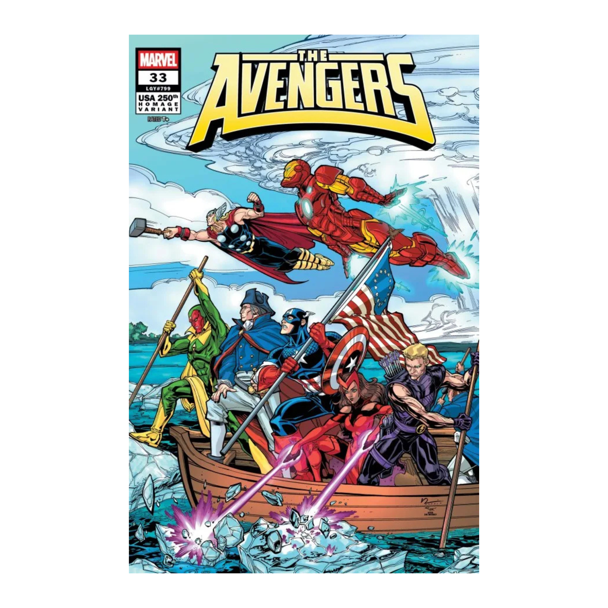 Comic book cover of Avengers #33 featuring superheroes on a boat with water and waves in the background.