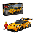 LEGO set featuring a yellow Porsche 911 GT3 RS model with racing decals, includes a minifigure in a red racing suit.