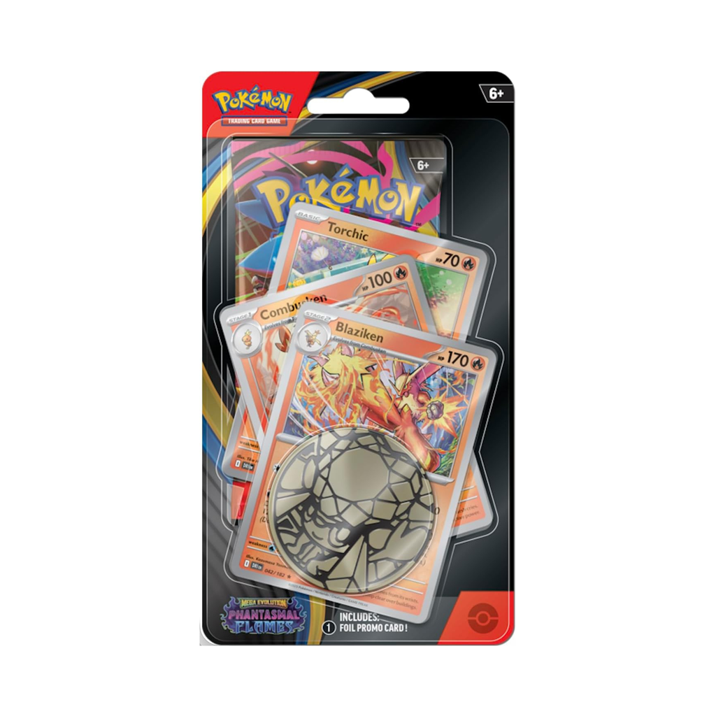 Blister pack featuring Pokémon cards Torchic, Combustion, Blaziken, and a foil promo card with Mega Evolution graphics.