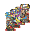 Four Pokémon TCG: Mega Evolution Sleeved Booster Packs featuring colorful designs and various Pokémon illustrations.