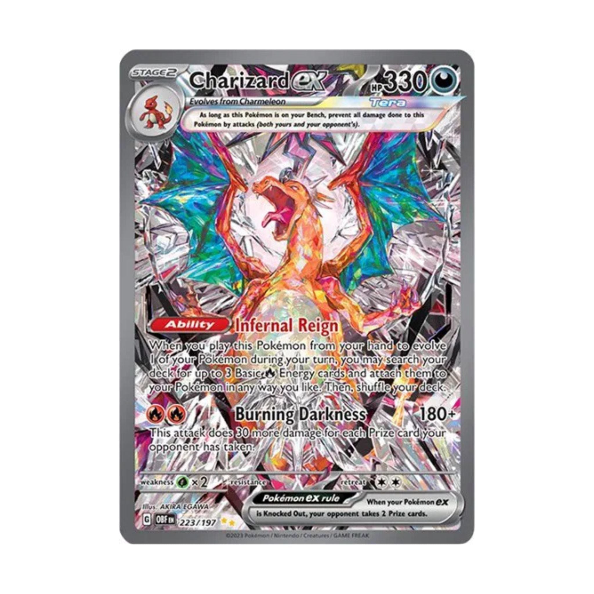 Charizard EX trading card featuring a holographic finish, abilities 'Infernal Reign' and 'Burning Darkness', numbered 223/197.